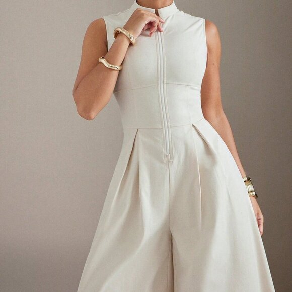 Apricot Elegant Women's Extreme Wide Leg Zip Front Sleeveless Jumpsuit - Picture 2 of 5